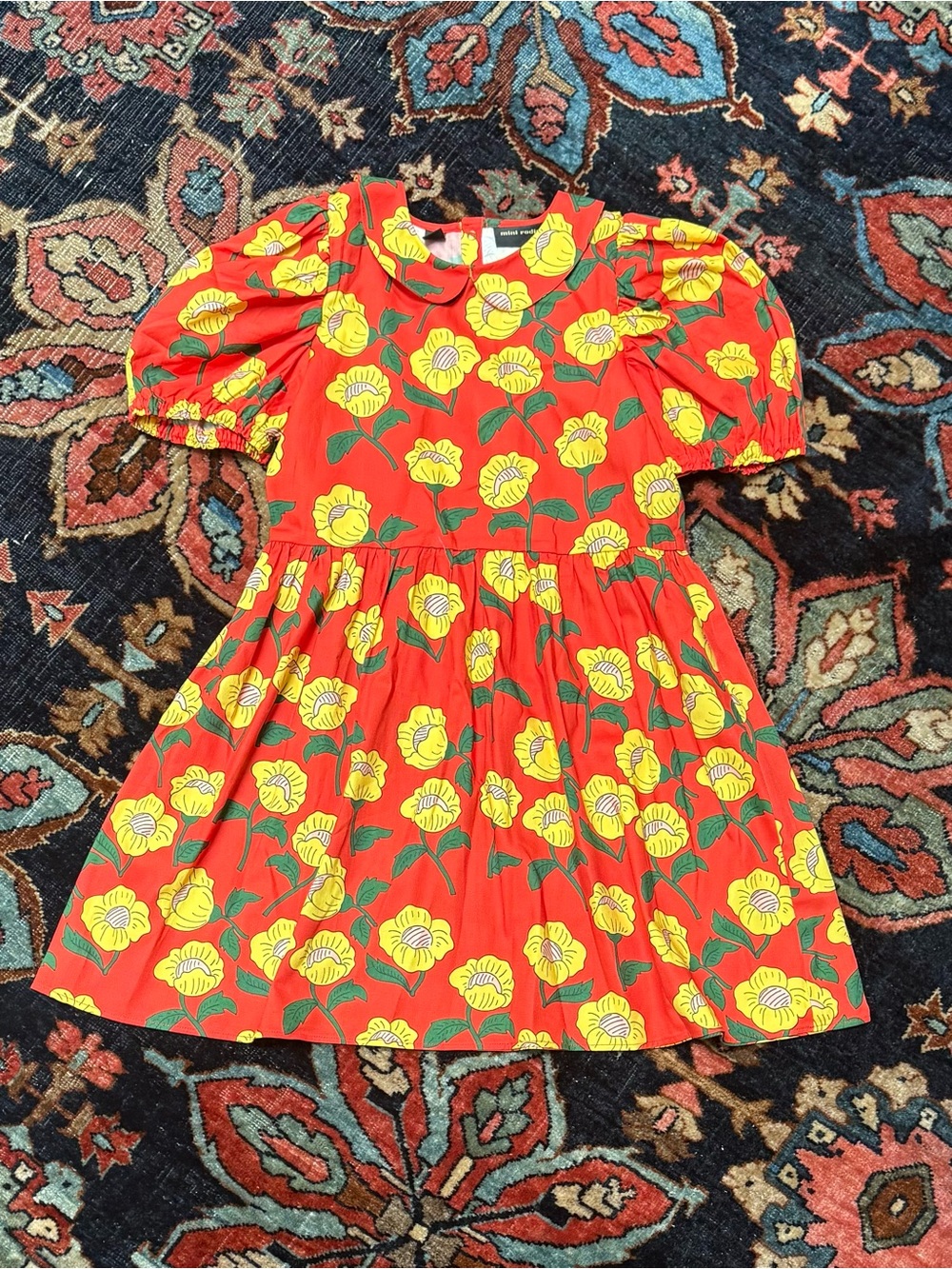 Mini Rodini Red Dress with Yellow Floral Print and Green Leaves